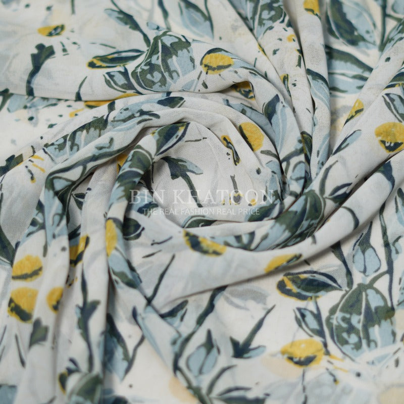 Printed Georgette - White / Yellow