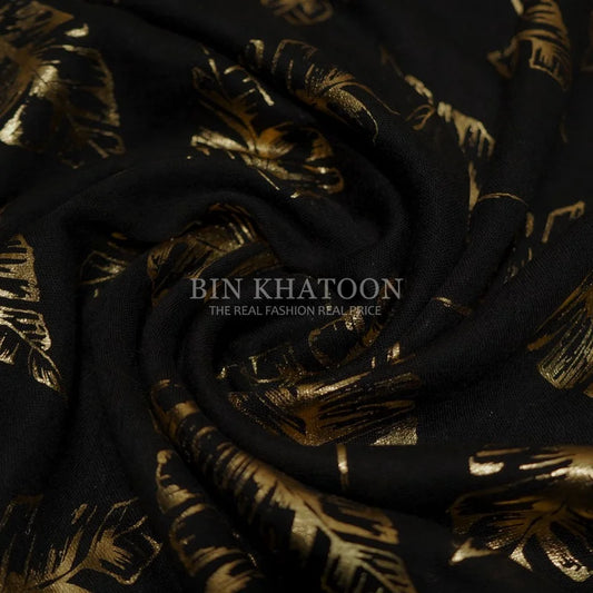 Golden Big Leaf Lawn Black Hijab