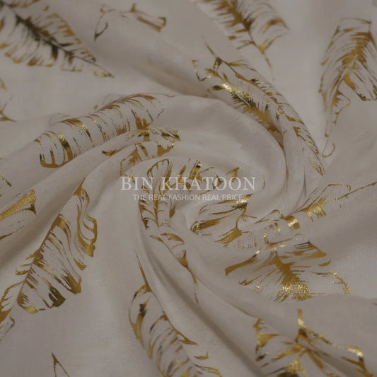 Golden Big Leaf Lawn White Hijab